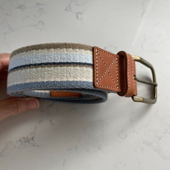 Eddie Bauer Outfitter Stripe Textile Belt Brass Buckle Leather Trim  34"-38" - Picture 2 of 10